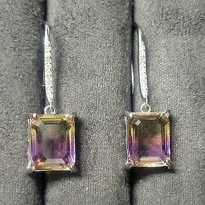 Sterling Silver Ametrine Rectangle Drop Earrings - Purple & Yellow